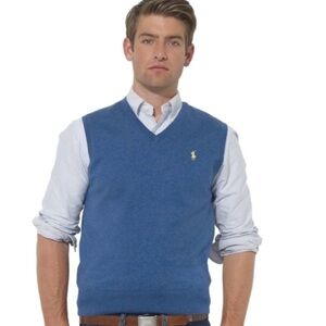 Ralph Lauren Men's Blue V-Neck Sweater Vest with Pony Logo